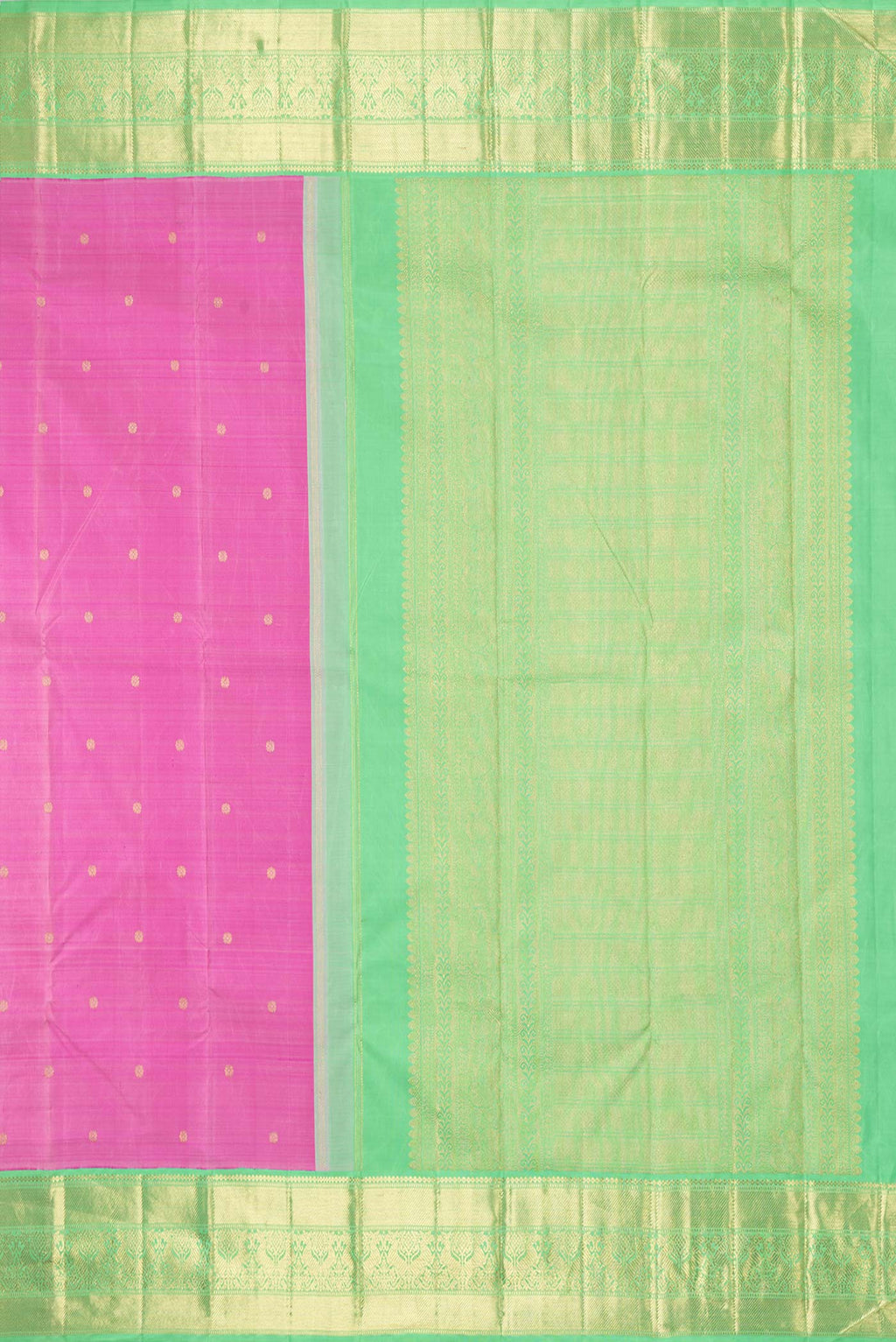 Close up image of the pallu of Pure Silk Pure Zari Pink Dual Tone Kanchipuram Saree with Zari Butta on the body and Zari Border