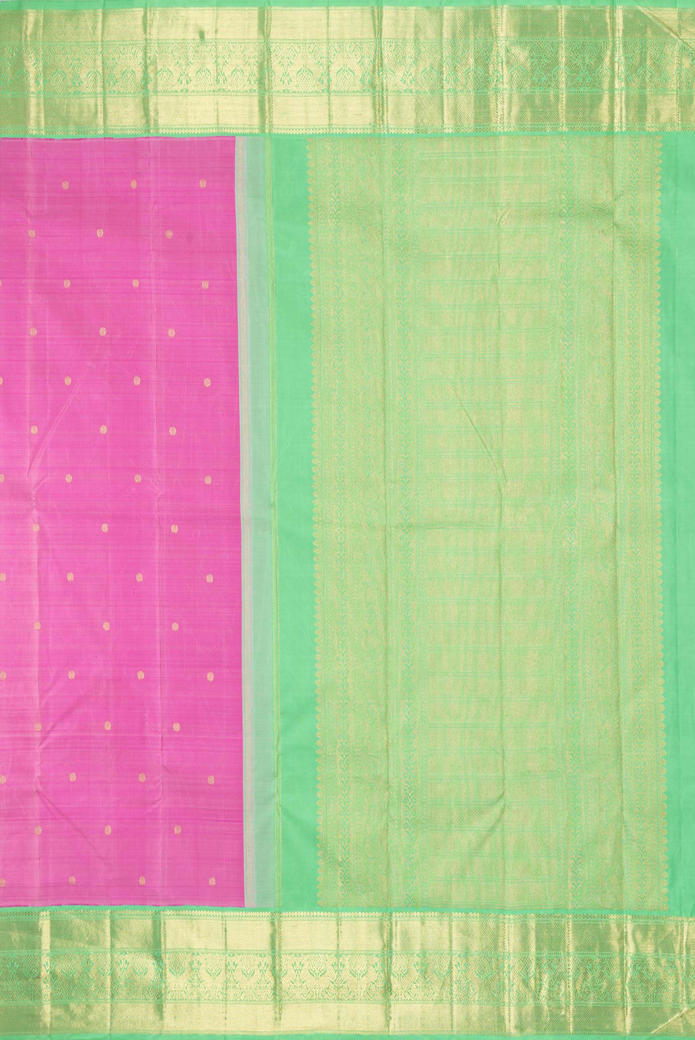 Close up image of the pallu of Pure Silk Pure Zari Pink Dual Tone Kanchipuram Saree with Zari Butta on the body and Zari Border