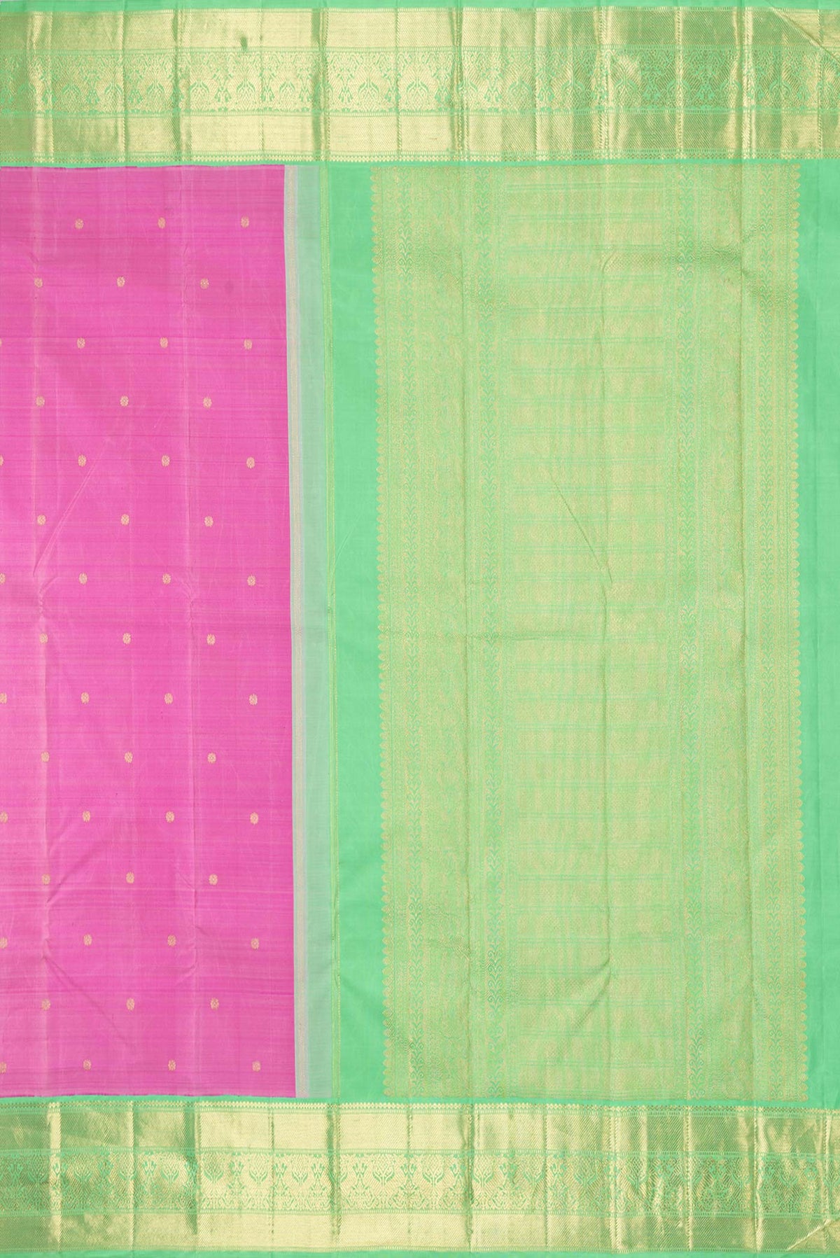 Close up image of the pallu of Pure Silk Pure Zari Pink Dual Tone Kanchipuram Saree with Zari Butta on the body and Zari Border