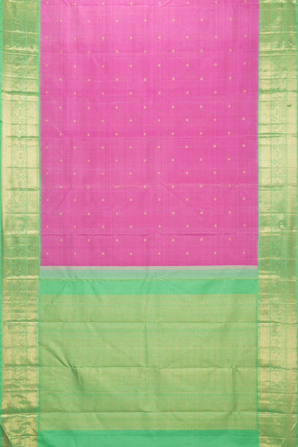 Flat view of Pure Silk Pure Zari Pink Dual Tone Kanchipuram Saree with Zari Butta on the body and Zari Border