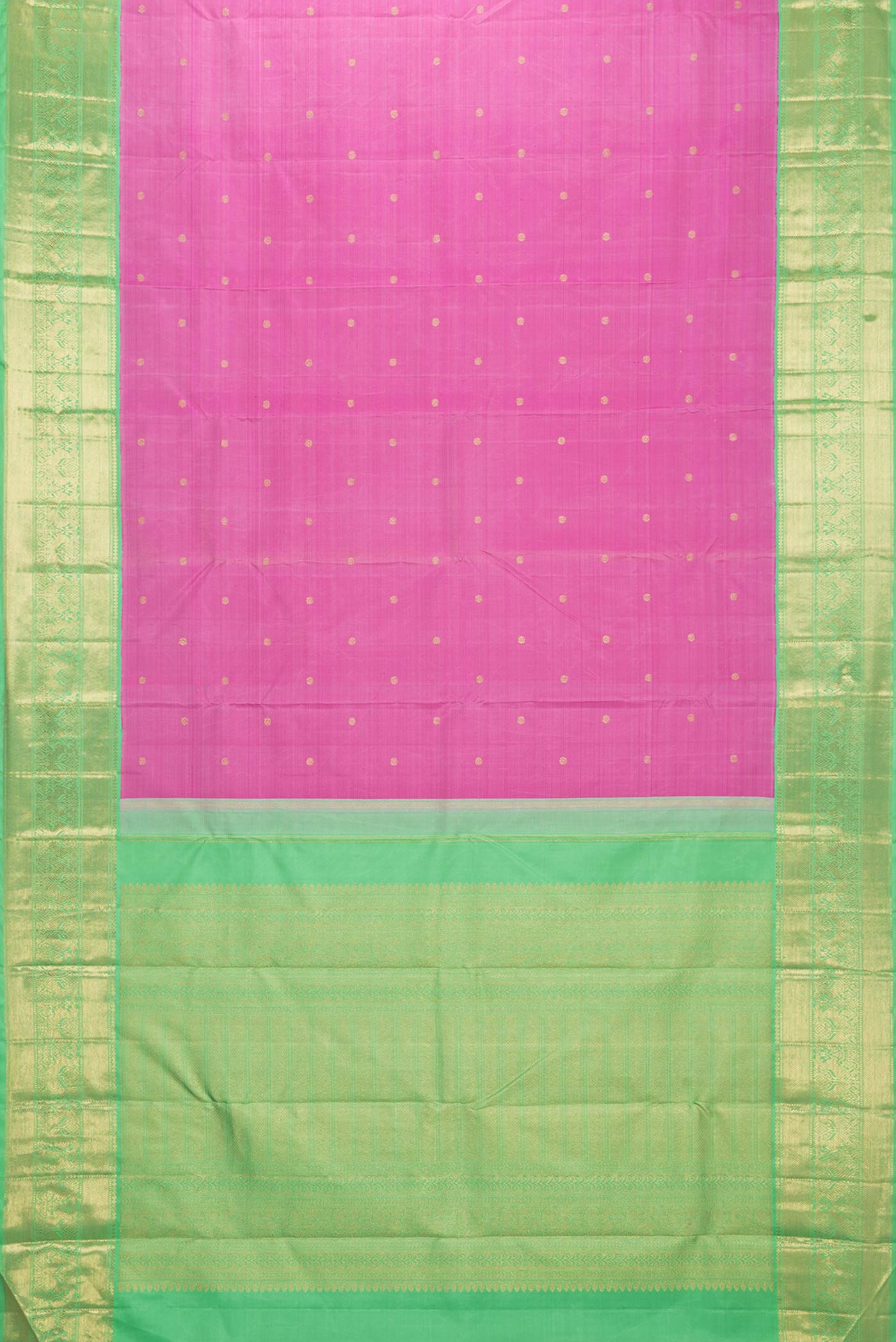 Flat view of Pure Silk Pure Zari Pink Dual Tone Kanchipuram Saree with Zari Butta on the body and Zari Border