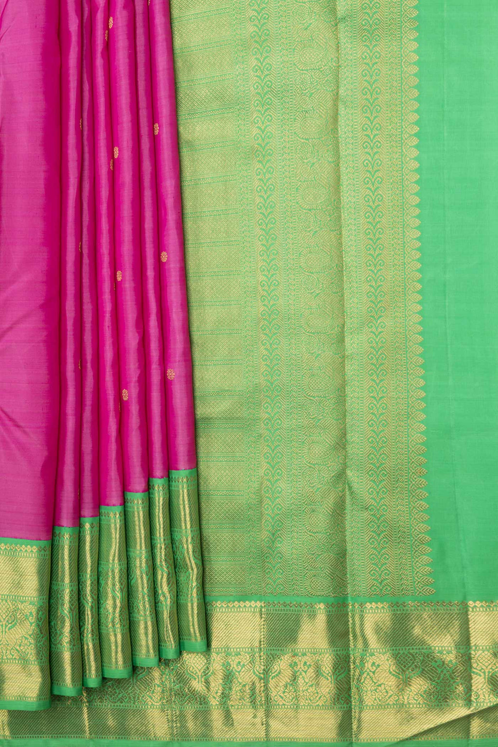 Pleats and pallu of Pure Silk Pure Zari Pink Dual Tone Kanchipuram Saree with Zari Butta on the body and Zari Border