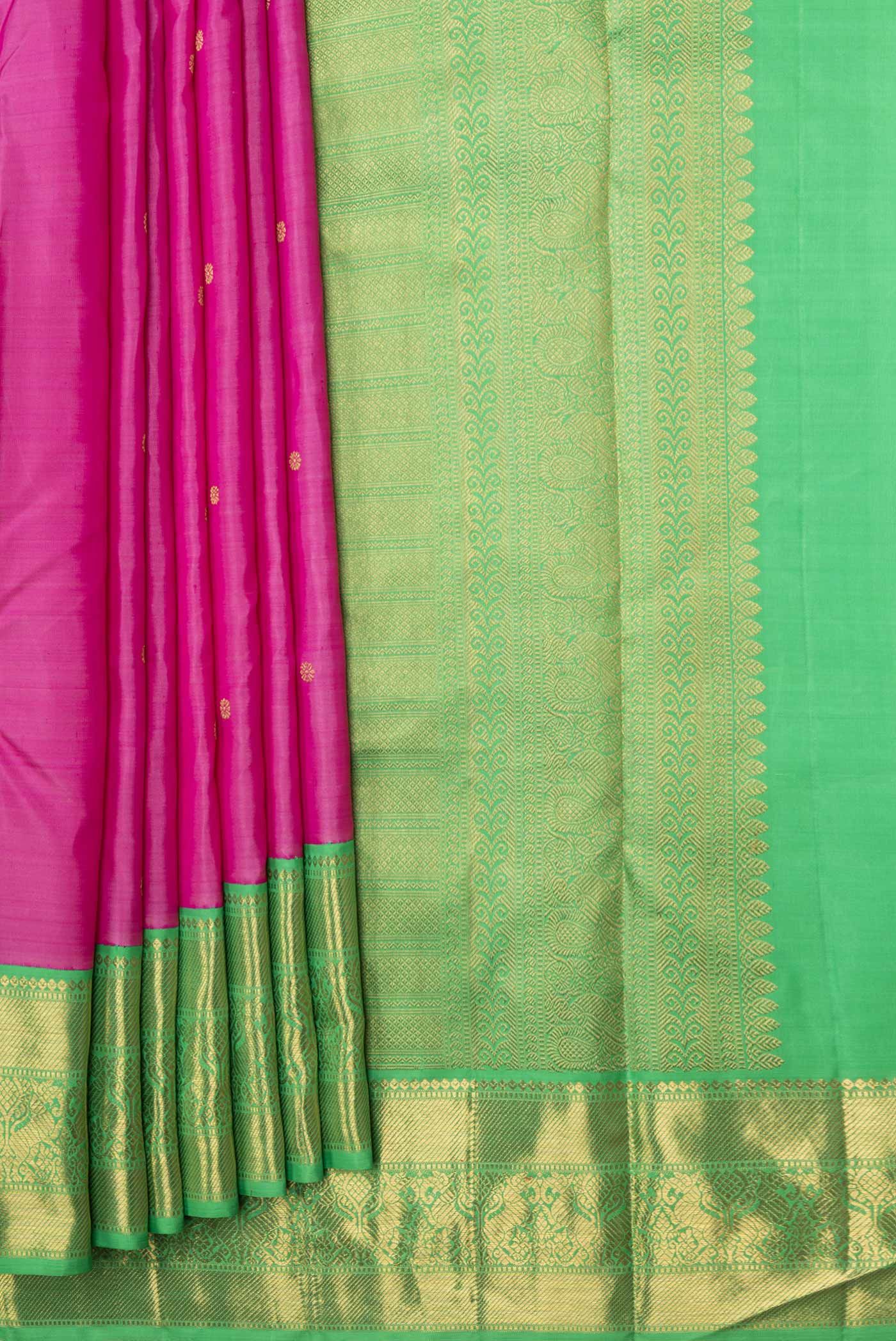 Pleats and pallu of Pure Silk Pure Zari Pink Dual Tone Kanchipuram Saree with Zari Butta on the body and Zari Border