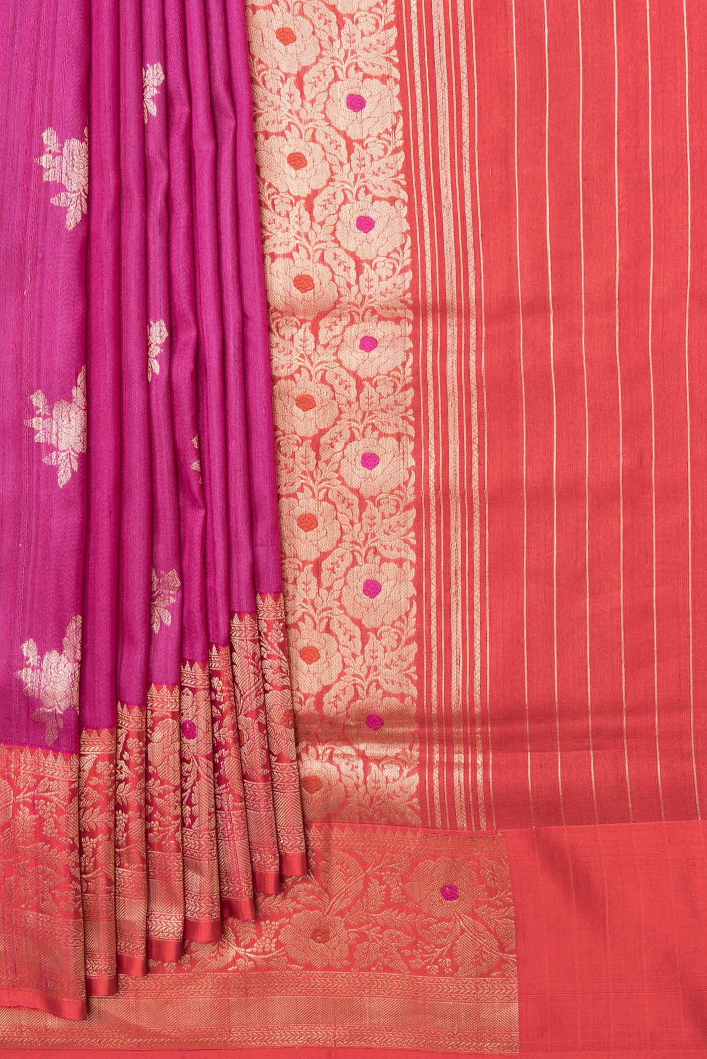 Pleats and pallu of Pink Dual Tone Banarasi Silk Saree with Zari Butta on the body and Zari Border