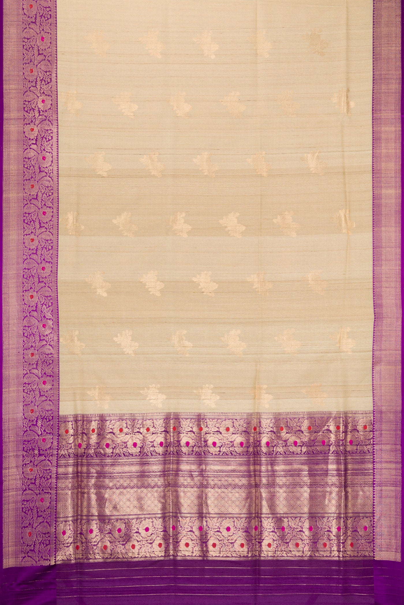 Flat view of Beige Dual Tone Tussar Silk Saree with Zari Butta on the body and Zari And Thread Border. 