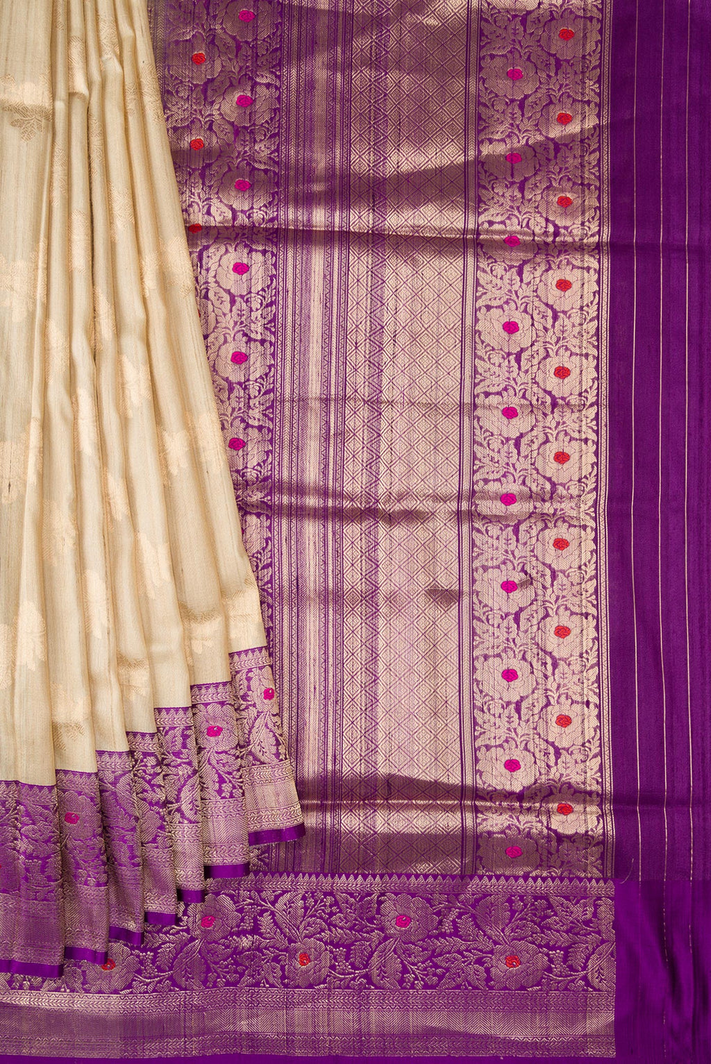Pleats and pallu of Beige Dual Tone Tussar Silk Saree with Zari Butta on the body and Zari And Thread Border. 