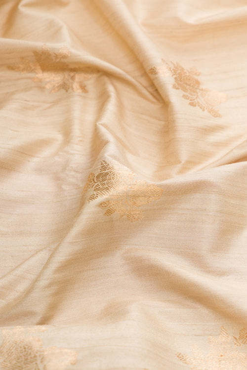Close up of Beige Dual Tone Tussar Silk Saree with Zari Butta on the body and Zari And Thread Border.  displaying folds