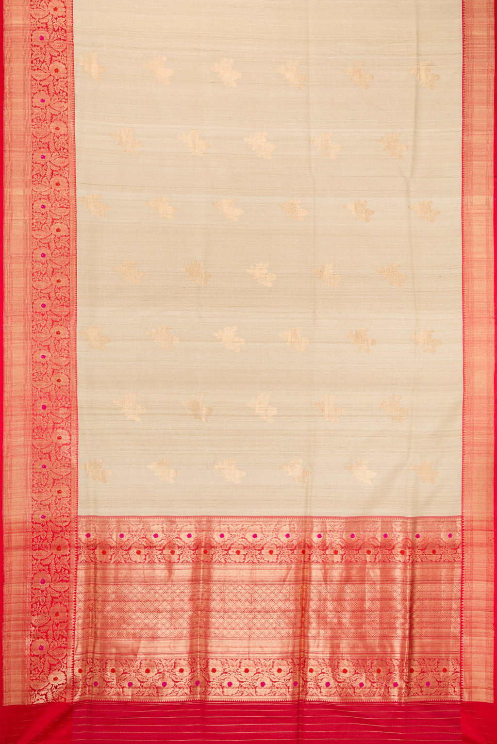 Flat view of Beige Dual Tone Tussar Silk Saree with Zari Butta on the body and Zari And Thread Border. 