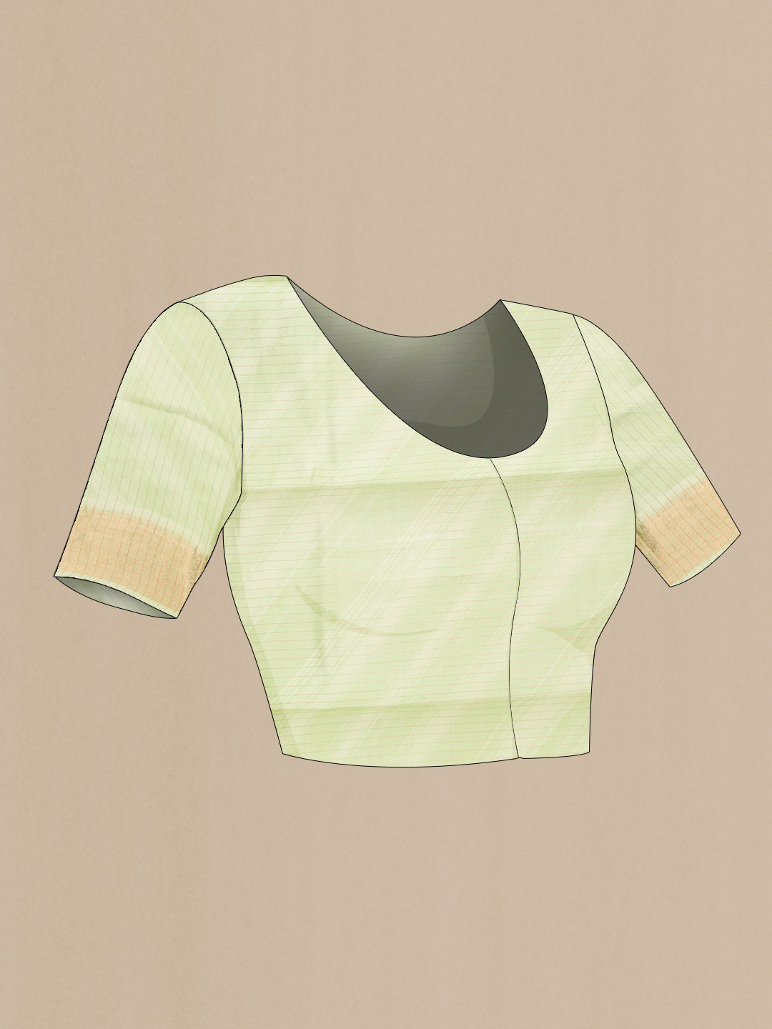 Close up image of the blouse of Pista Green Dual Tone Tussar Silk Saree with Printed design on the body and Zari Border. 