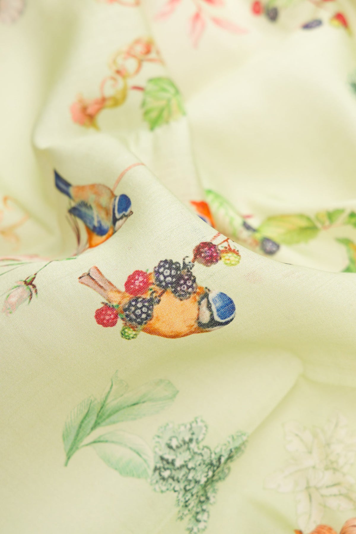 Close up of Pista Green Dual Tone Tussar Silk Saree with Printed design on the body and Zari Border.  displaying folds