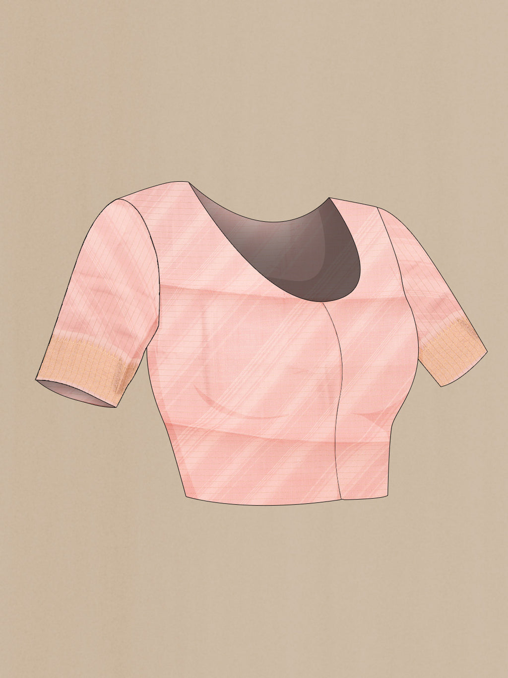 Close up image of the blouse of Pink Dual Tone Tussar Silk Saree with Printed design on the body and Zari Border. 