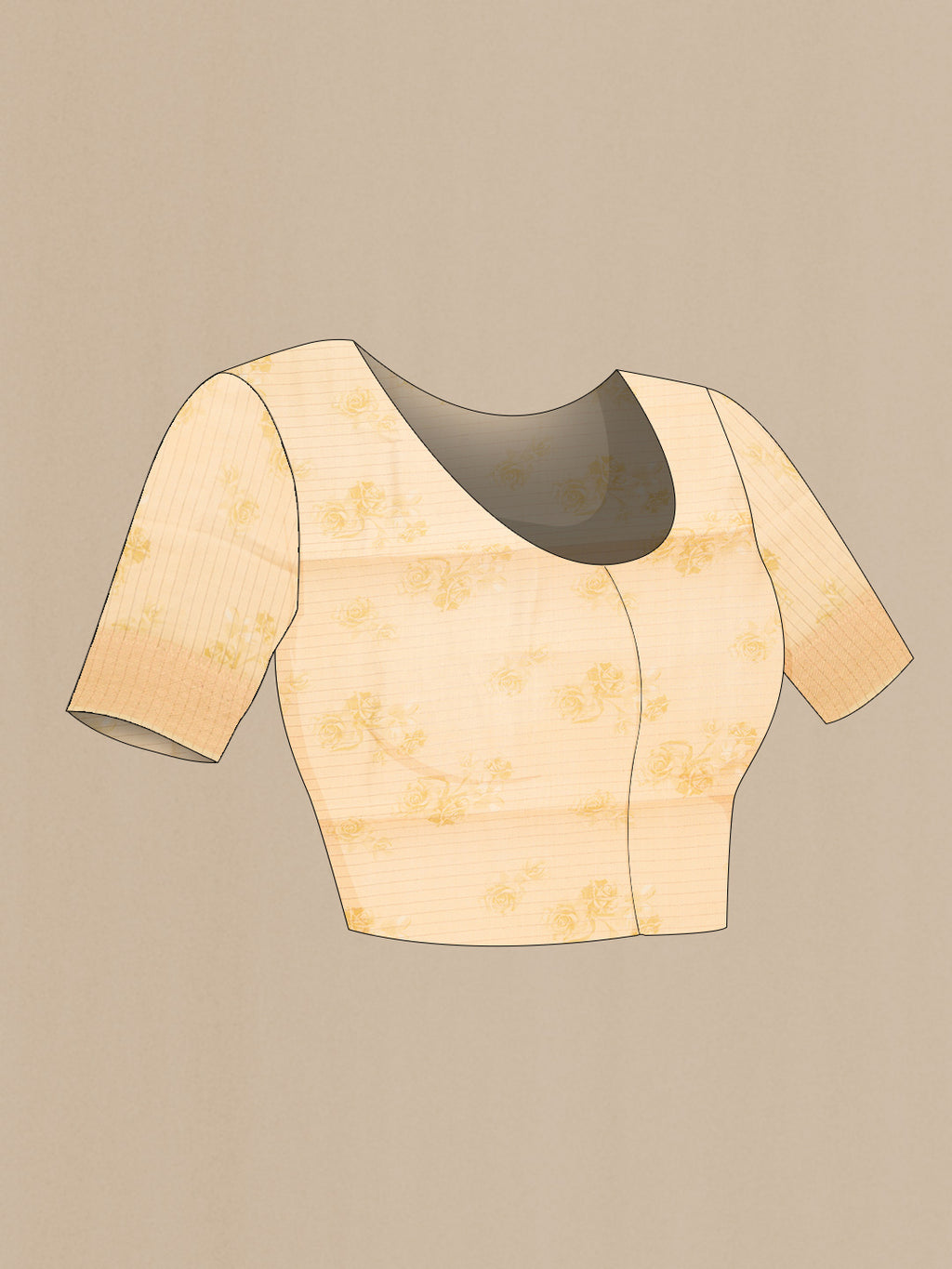 Close up image of the blouse of Sandal Dual Tone Tussar Silk Saree with Printed design on the body and Zari Border. 