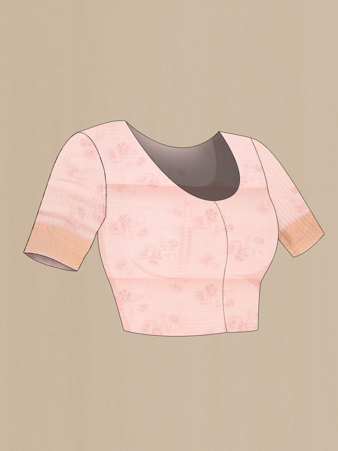 Close up image of the blouse of Pink Dual Tone Tussar Silk Saree with Printed design on the body and Zari Border. 