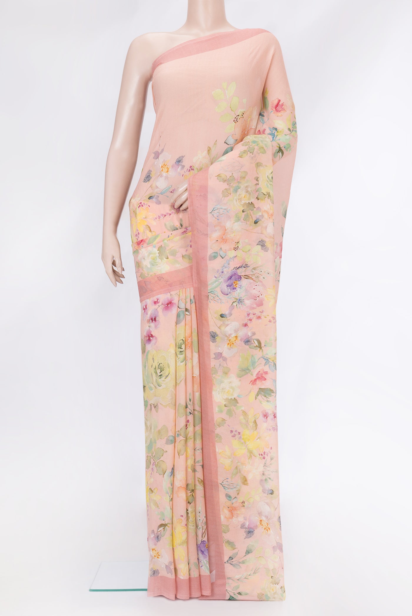 Golden Peach Dual Tone Mysore Chiffon Saree with Printed design on the body and Plain Border.  displayed on a mannequin