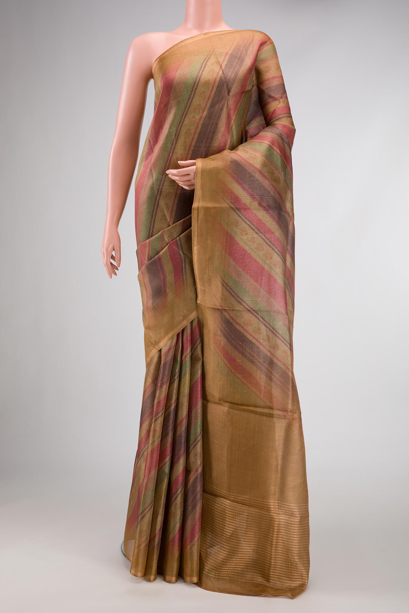Brown Dual Tone Tussar Silk Saree with Checked design on the body and Zari Border.  displayed on a mannequin