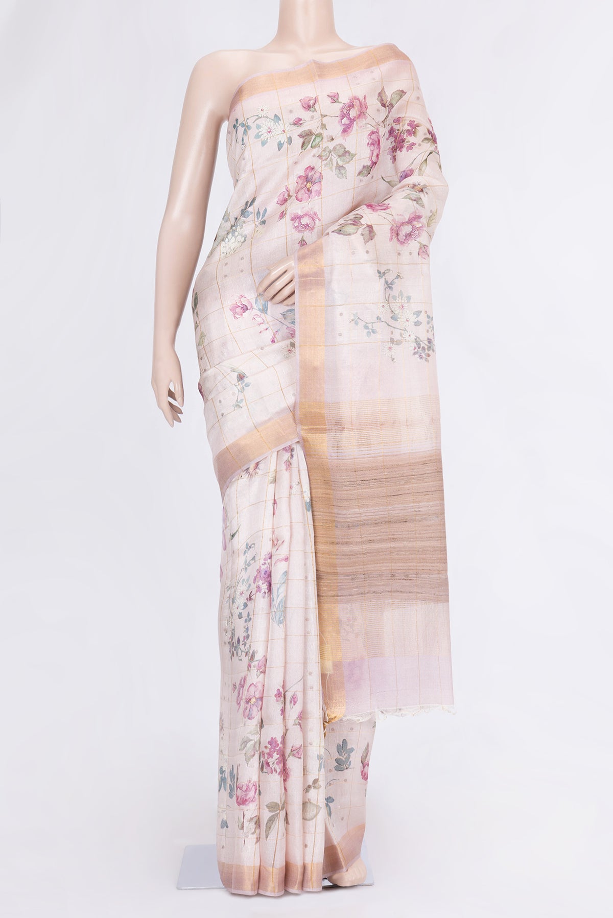 Pink Dual Tone Tussar Silk Saree with Printed design on the body and Zari Border.  displayed on a mannequin