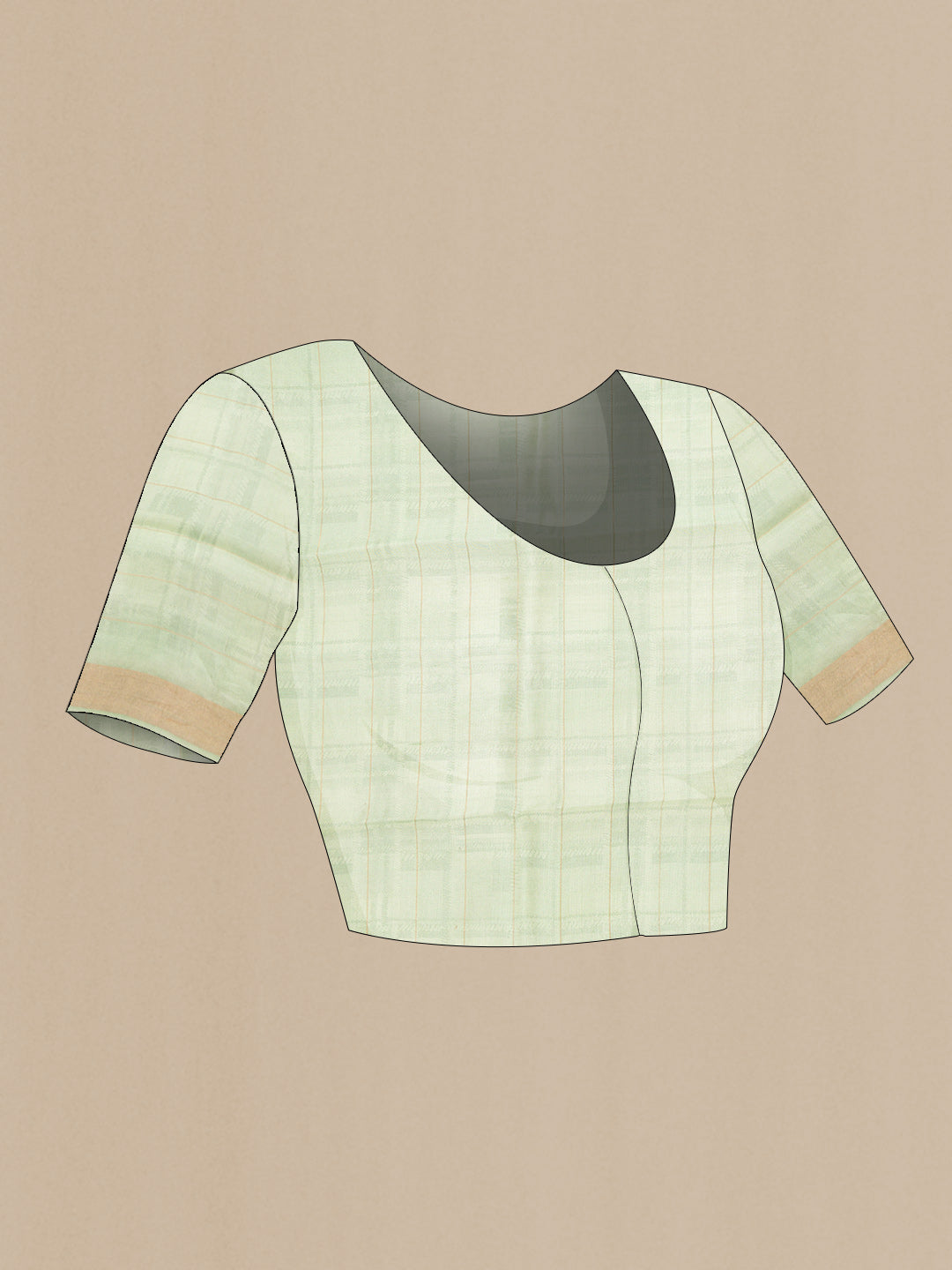 Close up image of the blouse of Pista Green Dual Tone Tussar Silk Saree with Zari Butta on the body and Zari Border. 