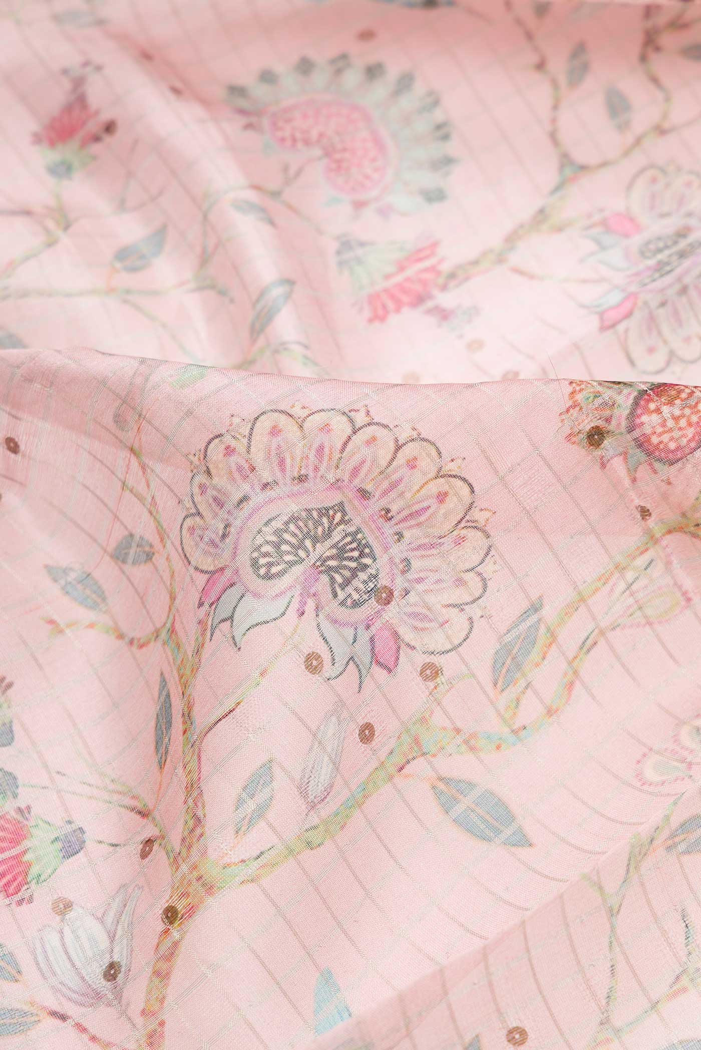 Close up of Rose pink Dual Tone Tussar Silk Saree with Printed design on the body and Zari Border.  displaying folds