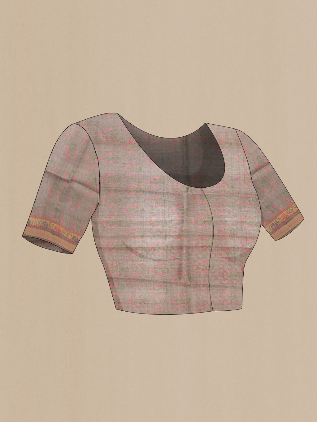 Close up image of the blouse of Pink Dual Tone Tussar Silk Saree with Printed design on the body and Zari Border. 