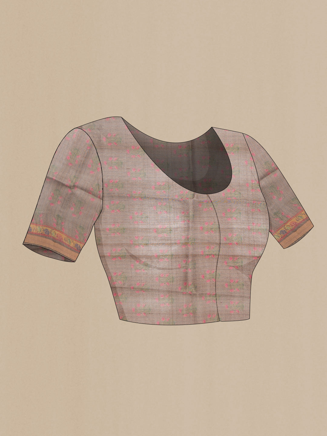 Close up image of the blouse of Pink Dual Tone Tussar Silk Saree with Printed design on the body and Zari Border. 