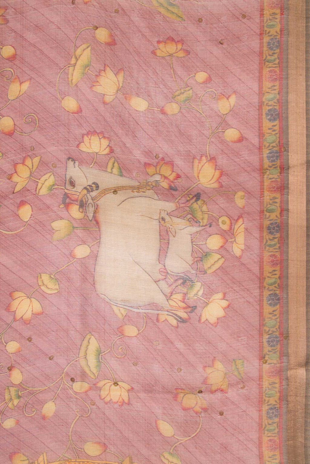 Border image of Pink Dual Tone Tussar Silk Saree with Printed design on the body and Zari Border. 