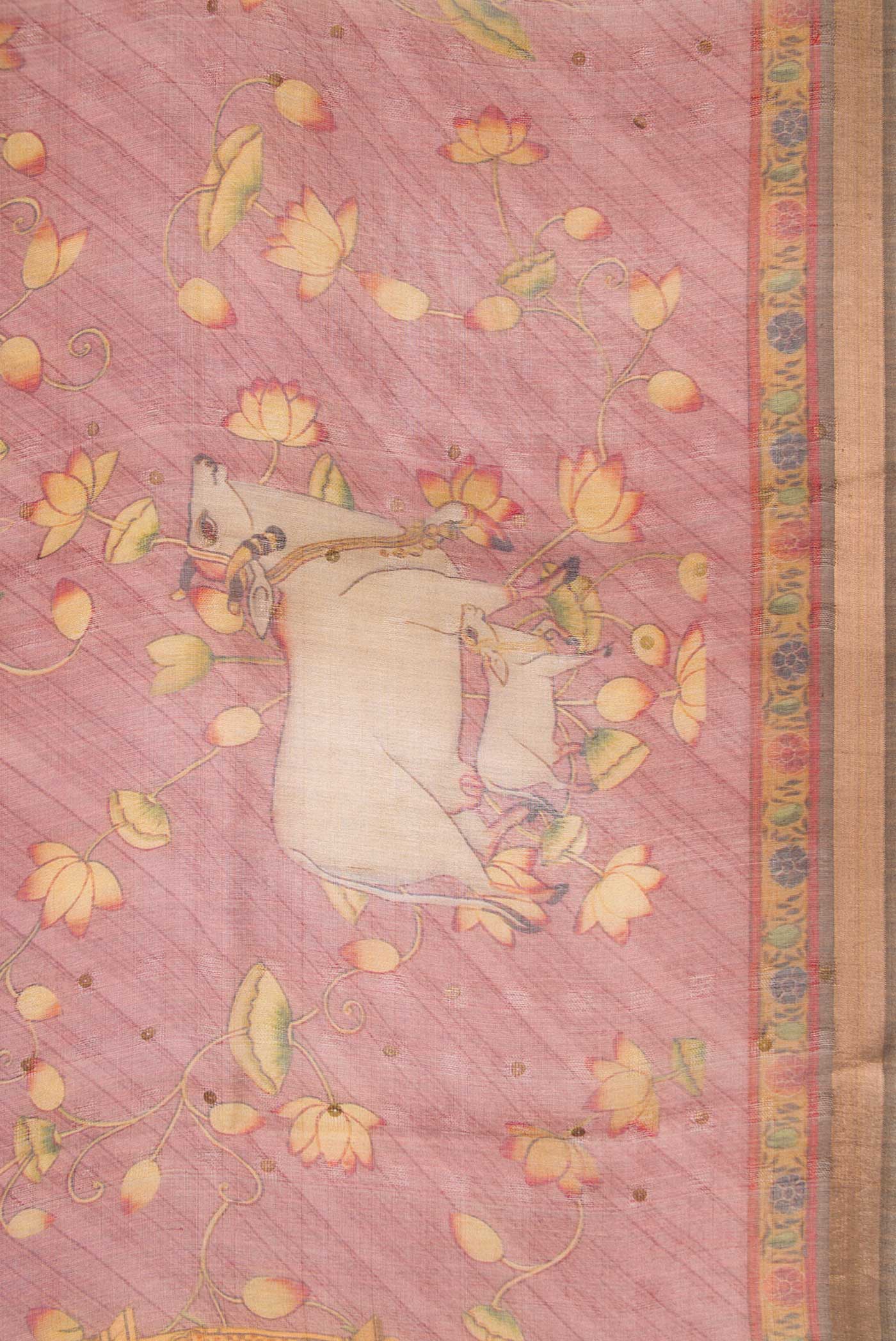 Border image of Pink Dual Tone Tussar Silk Saree with Printed design on the body and Zari Border. 