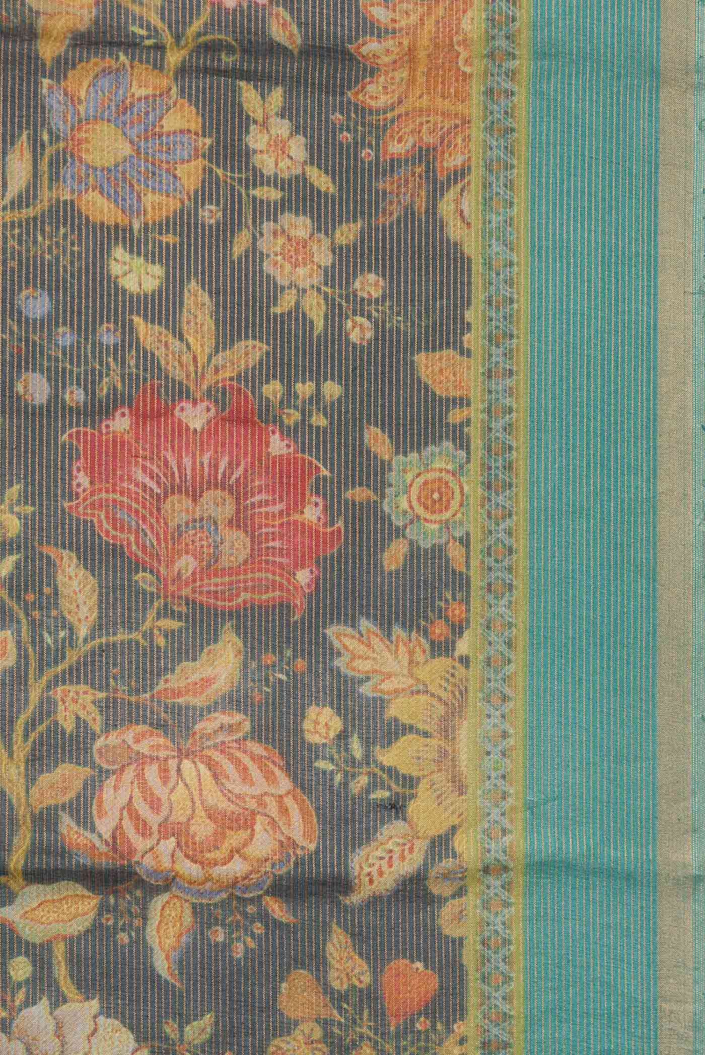 Border image of Navy Blue Dual Tone Tussar Silk Saree with Printed design on the body and Zari Border. 