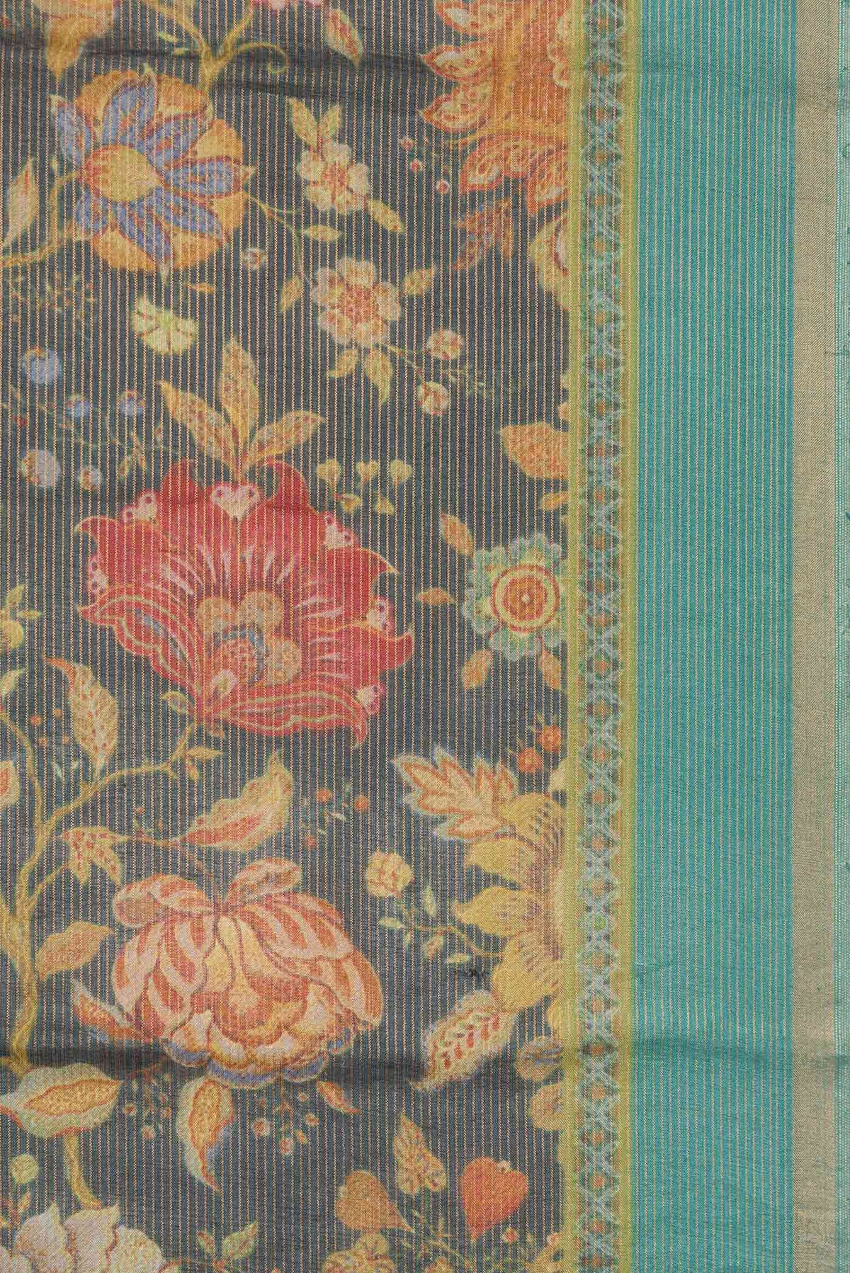Border image of Navy Blue Dual Tone Tussar Silk Saree with Printed design on the body and Zari Border. 
