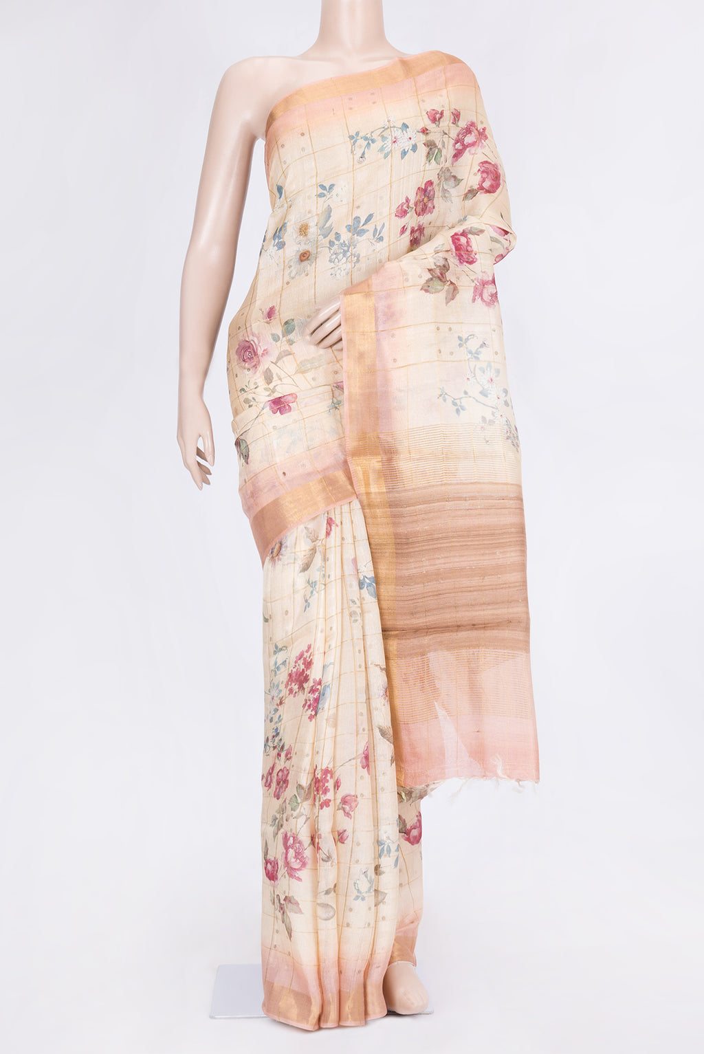 Maroon Dual Tone Tussar Silk Saree with Printed design on the body and Zari Border.  displayed on a mannequin
