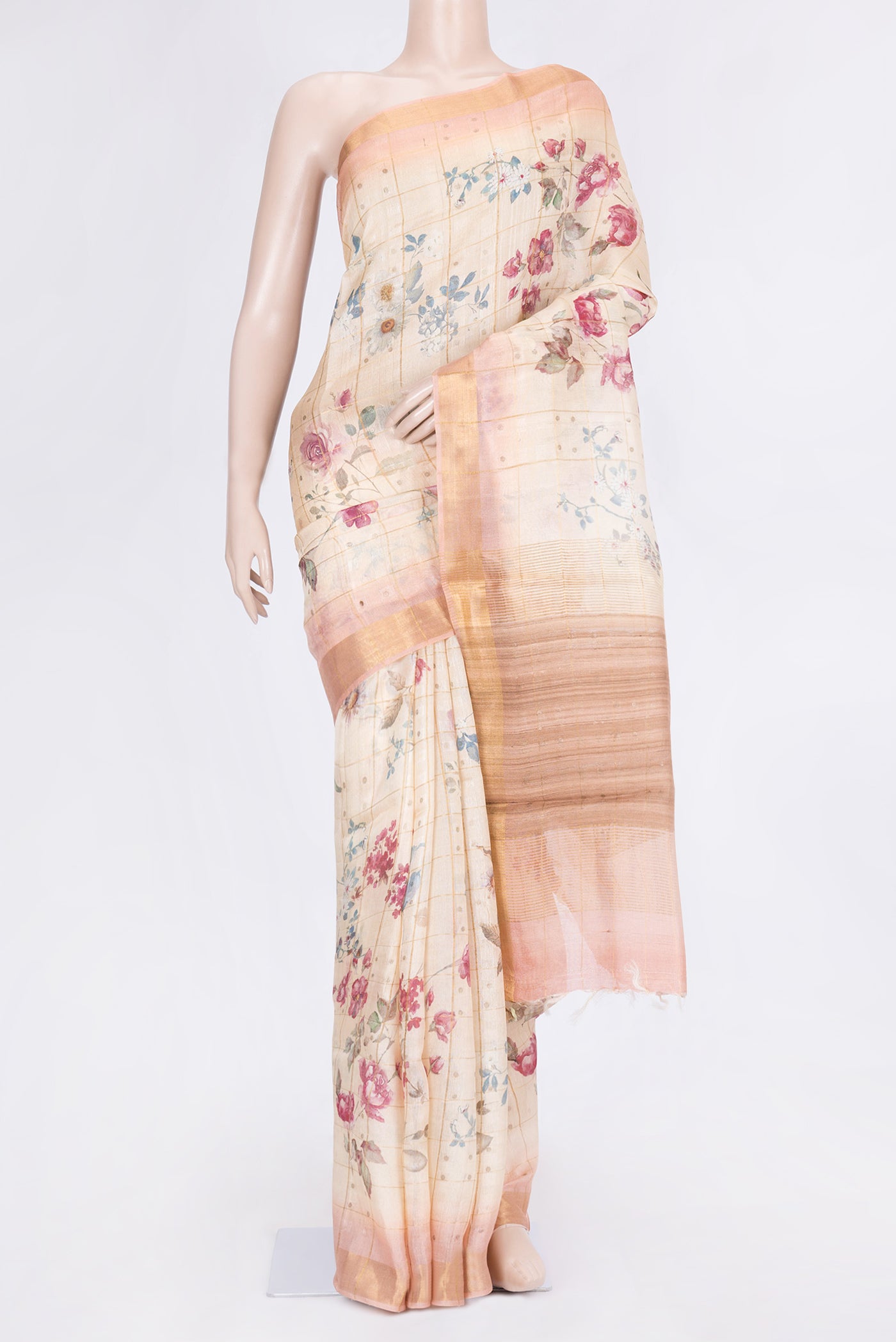 Maroon Dual Tone Tussar Silk Saree with Printed design on the body and Zari Border.  displayed on a mannequin