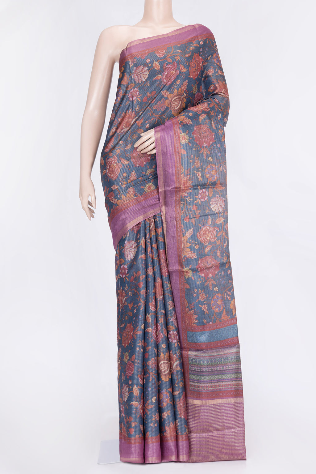 Navy Blue Dual Tone Tussar Silk Saree with Printed design on the body and Zari Border.  displayed on a mannequin