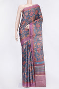 Navy Blue Dual Tone Tussar Silk Saree with Printed design on the body and Zari Border.  displayed on a mannequin