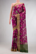 Purple Dual Tone Tussar Silk Saree with Printed design on the body and Zari Border.  displayed on a mannequin