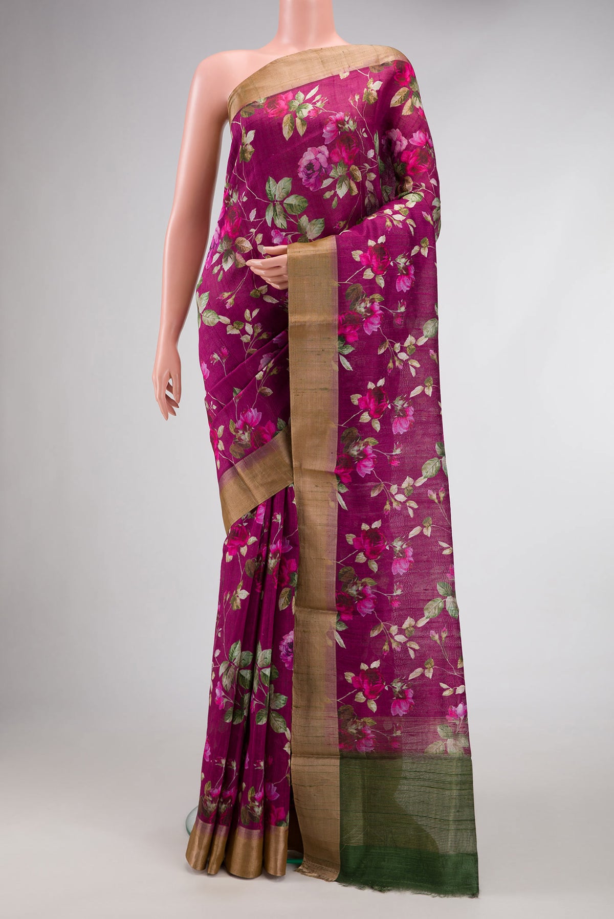 Purple Dual Tone Tussar Silk Saree with Printed design on the body and Zari Border.  displayed on a mannequin