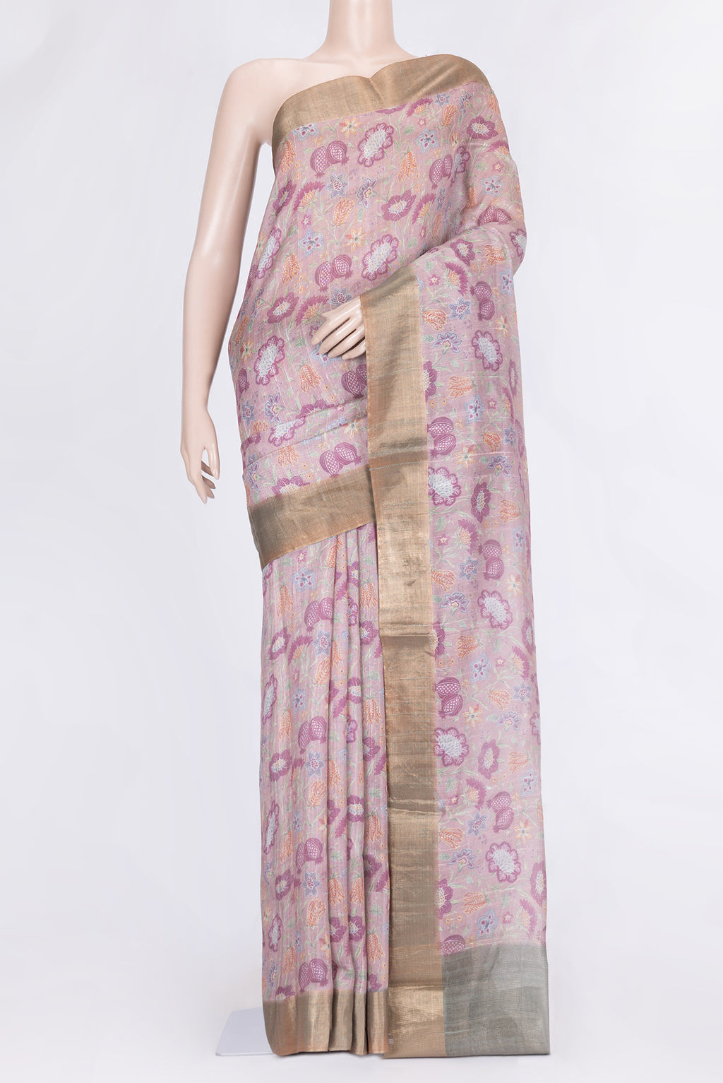 Pink Dual Tone Tussar Silk Saree with Printed design on the body and Zari Border.  displayed on a mannequin