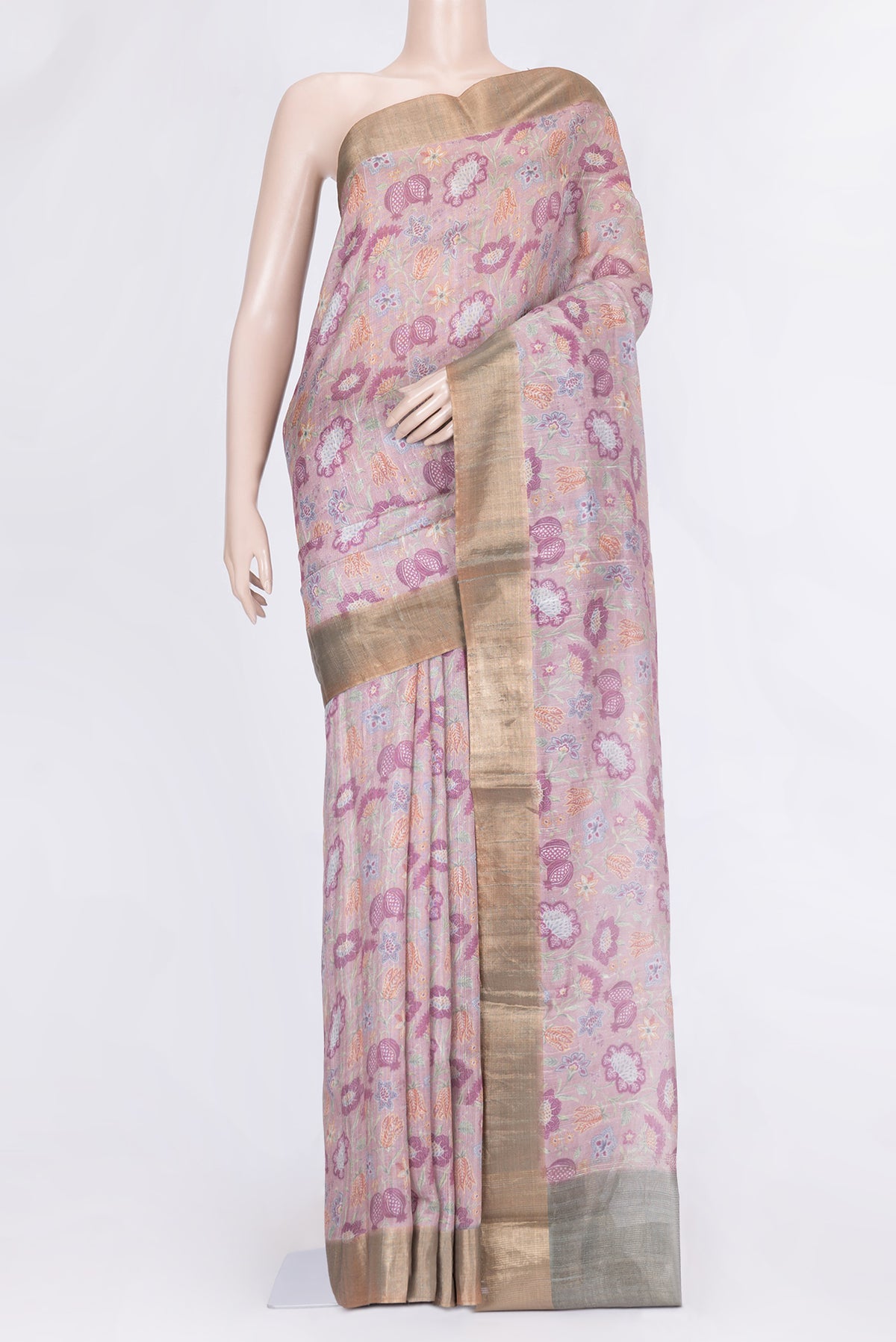 Pink Dual Tone Tussar Silk Saree with Printed design on the body and Zari Border.  displayed on a mannequin