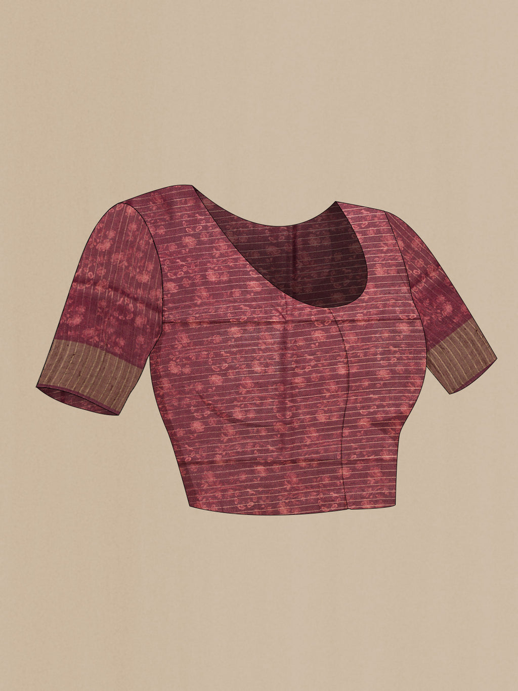 Close up image of the blouse of Brown Dual Tone Tussar Silk Saree with Printed design on the body and Zari Border. 