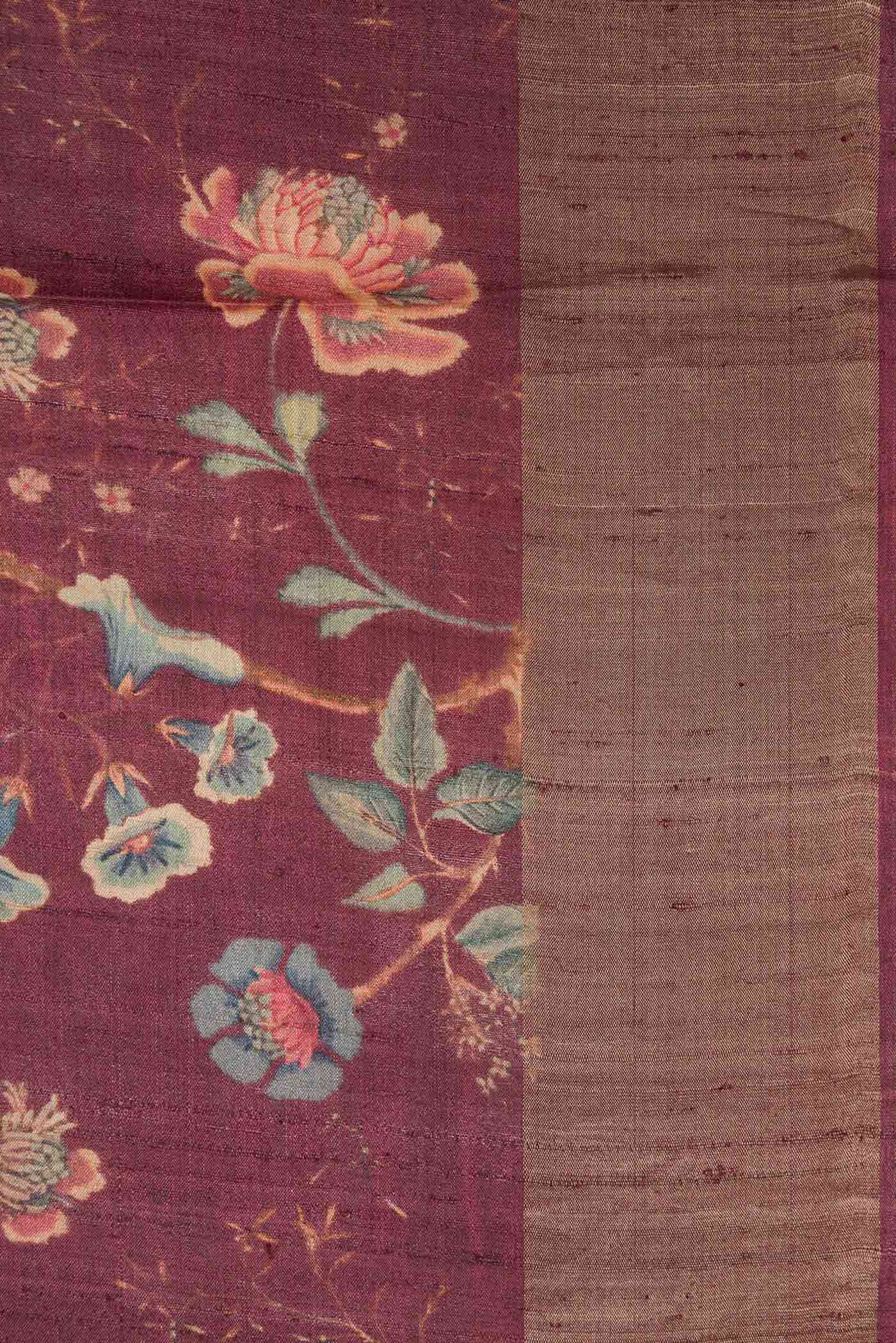 Border image of Brown Dual Tone Tussar Silk Saree with Printed design on the body and Zari Border. 