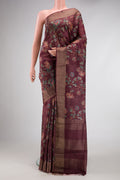 Brown Dual Tone Tussar Silk Saree with Printed design on the body and Zari Border.  displayed on a mannequin