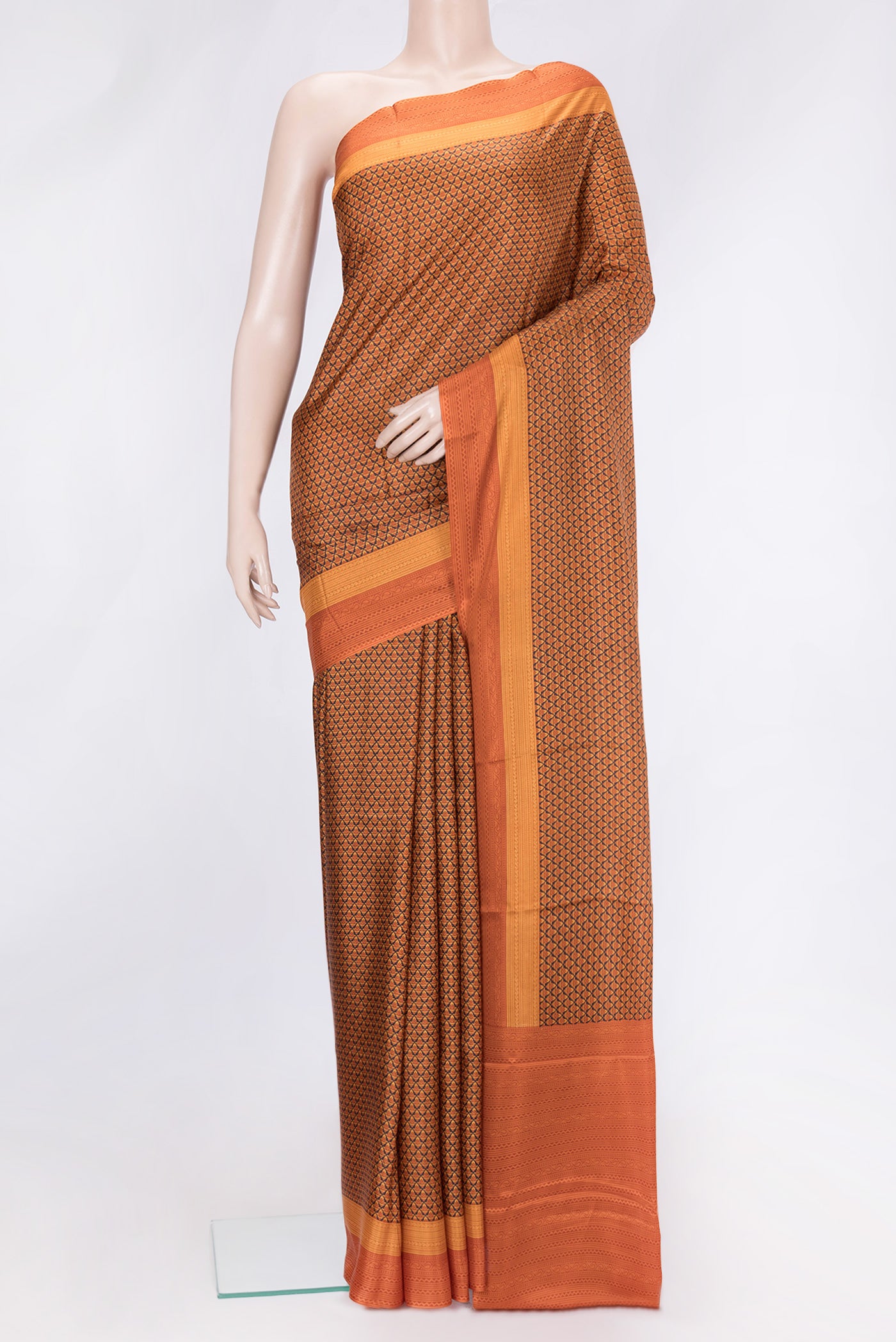 Black Dual Tone Printed Silk Saree with Printed design on the body and Printed Border.  displayed on a mannequin
