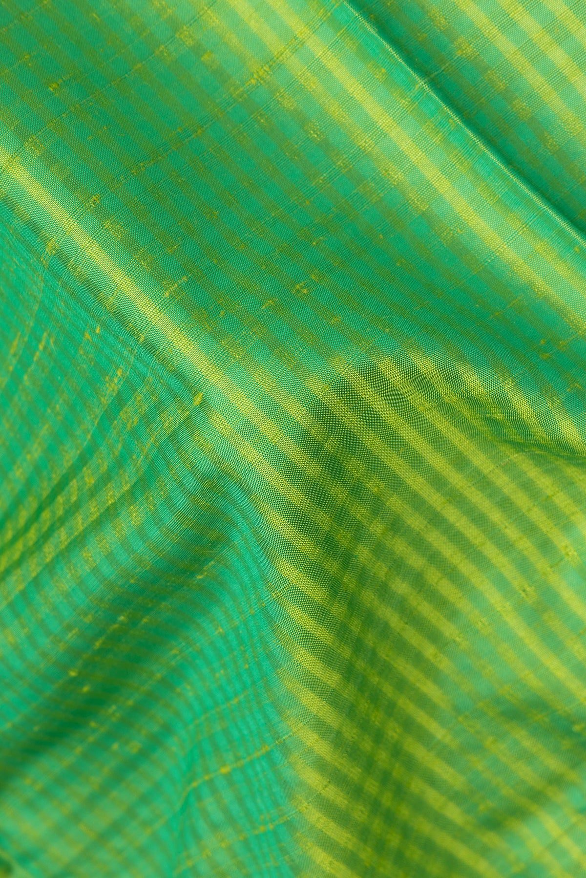 Close up of Pure Silk Green Dual Tone Soft Saree with Stripes on the body and Zari Border.  displaying folds