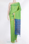 Pure Silk Green Dual Tone Soft Saree with Stripes on the body and Zari Border.  displayed on a mannequin