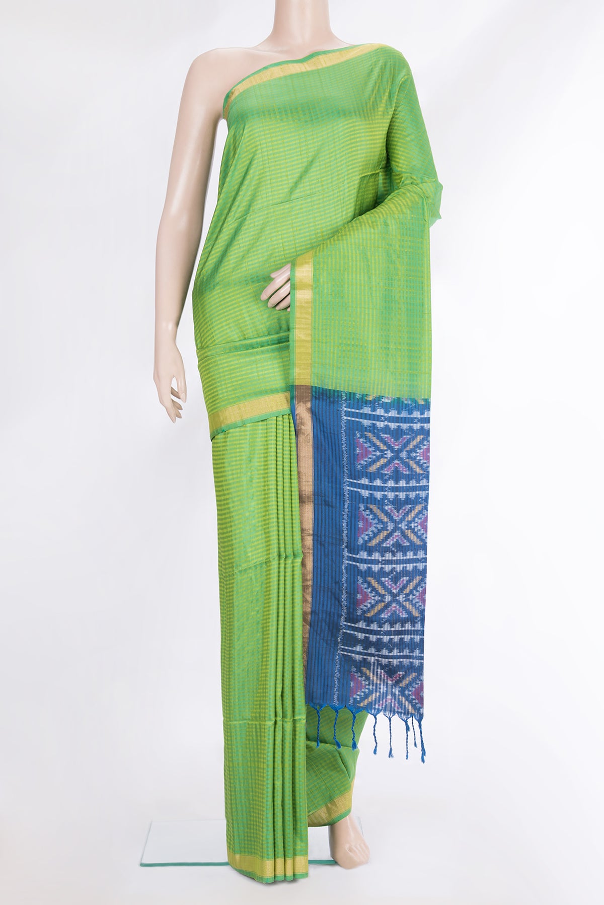 Pure Silk Green Dual Tone Soft Saree with Stripes on the body and Zari Border.  displayed on a mannequin