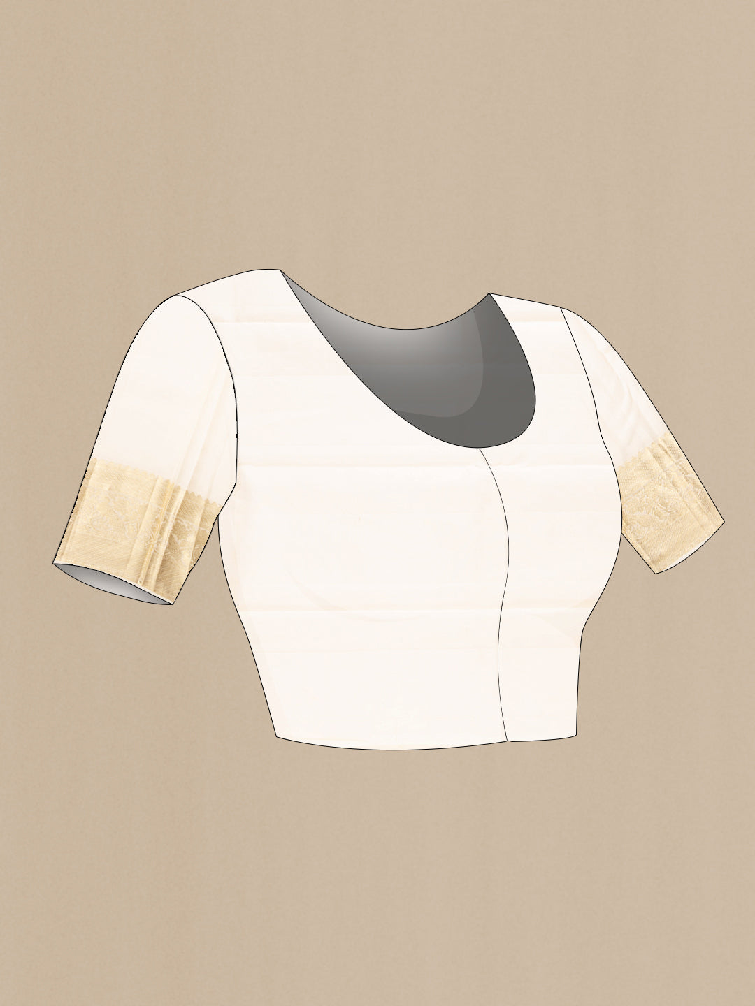 Close up image of the blouse of Off White Kanchipuram Silk Saree with Zari Brocade on the body and Zari Border. 