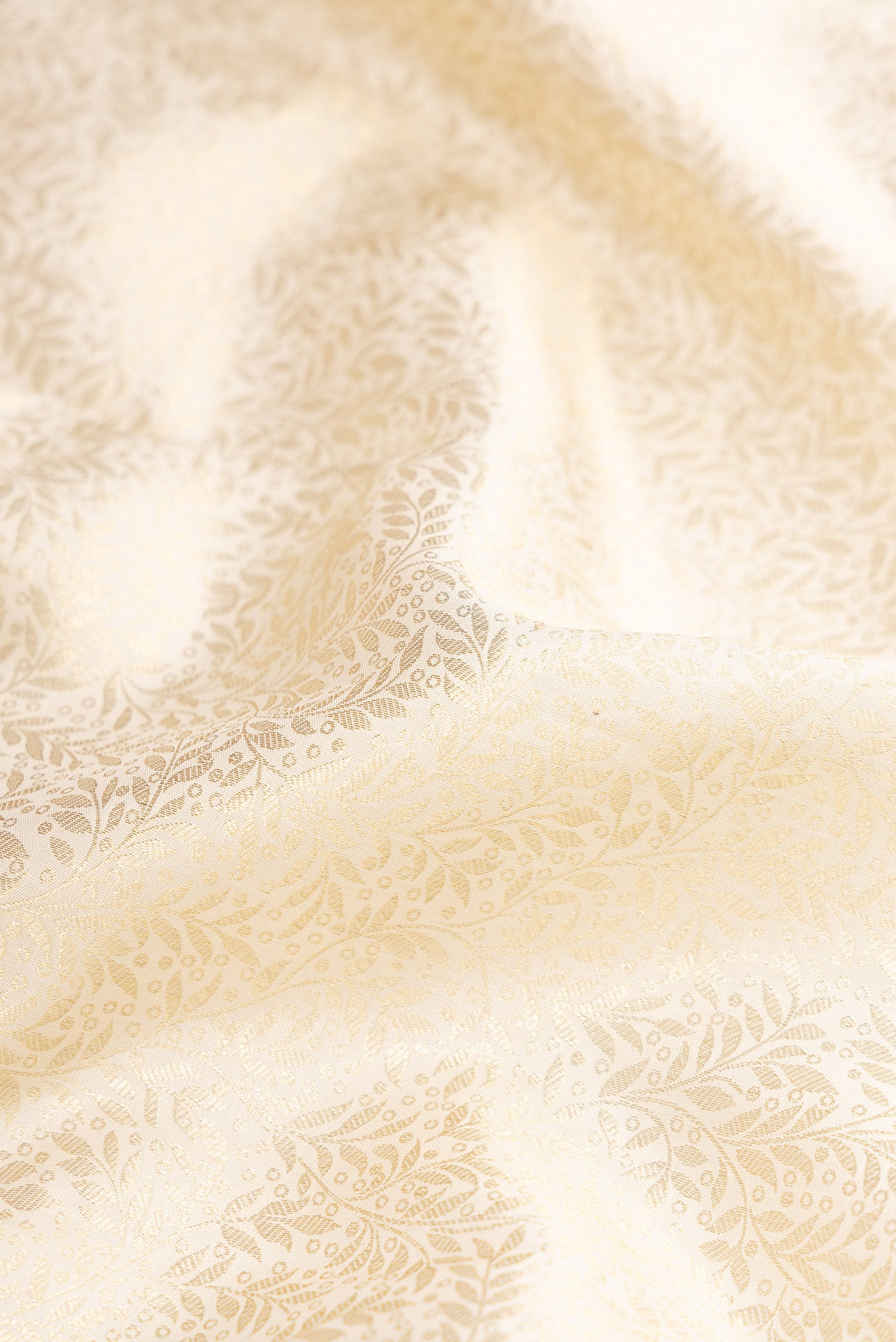 Close up of Off White Kanchipuram Silk Saree with Zari Brocade on the body and Zari Border.  displaying folds