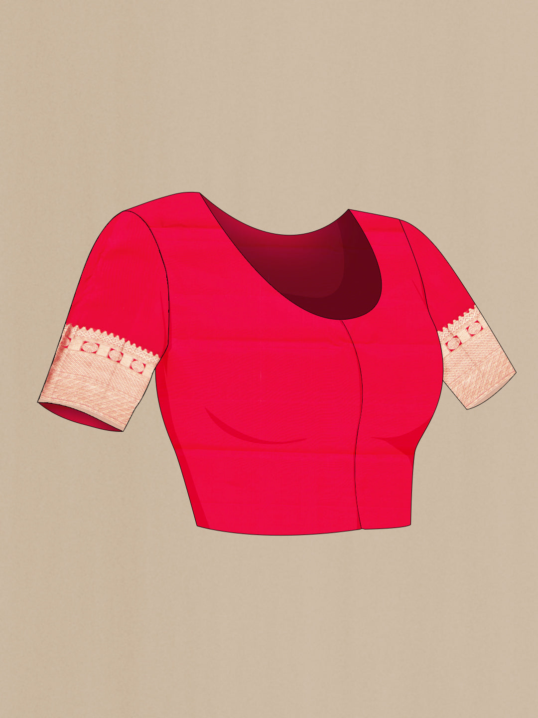 Close up image of the blouse of Red Dual Tone Kanchipuram Silk Saree with Zari Brocade on the body and Zari Border. 