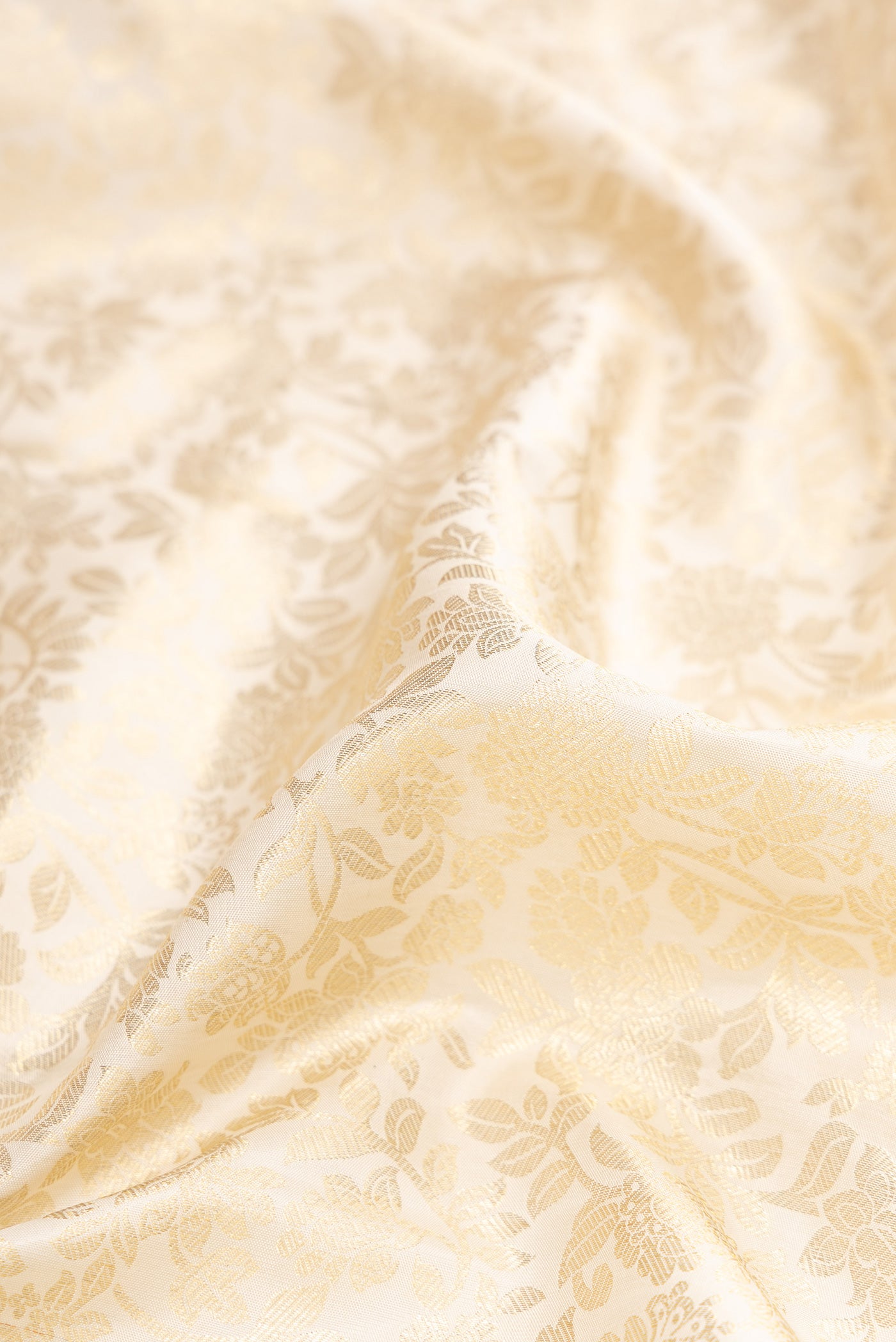 Close up of Off White Kanchipuram Silk Saree with Zari Brocade on the body and Zari Border.  displaying folds