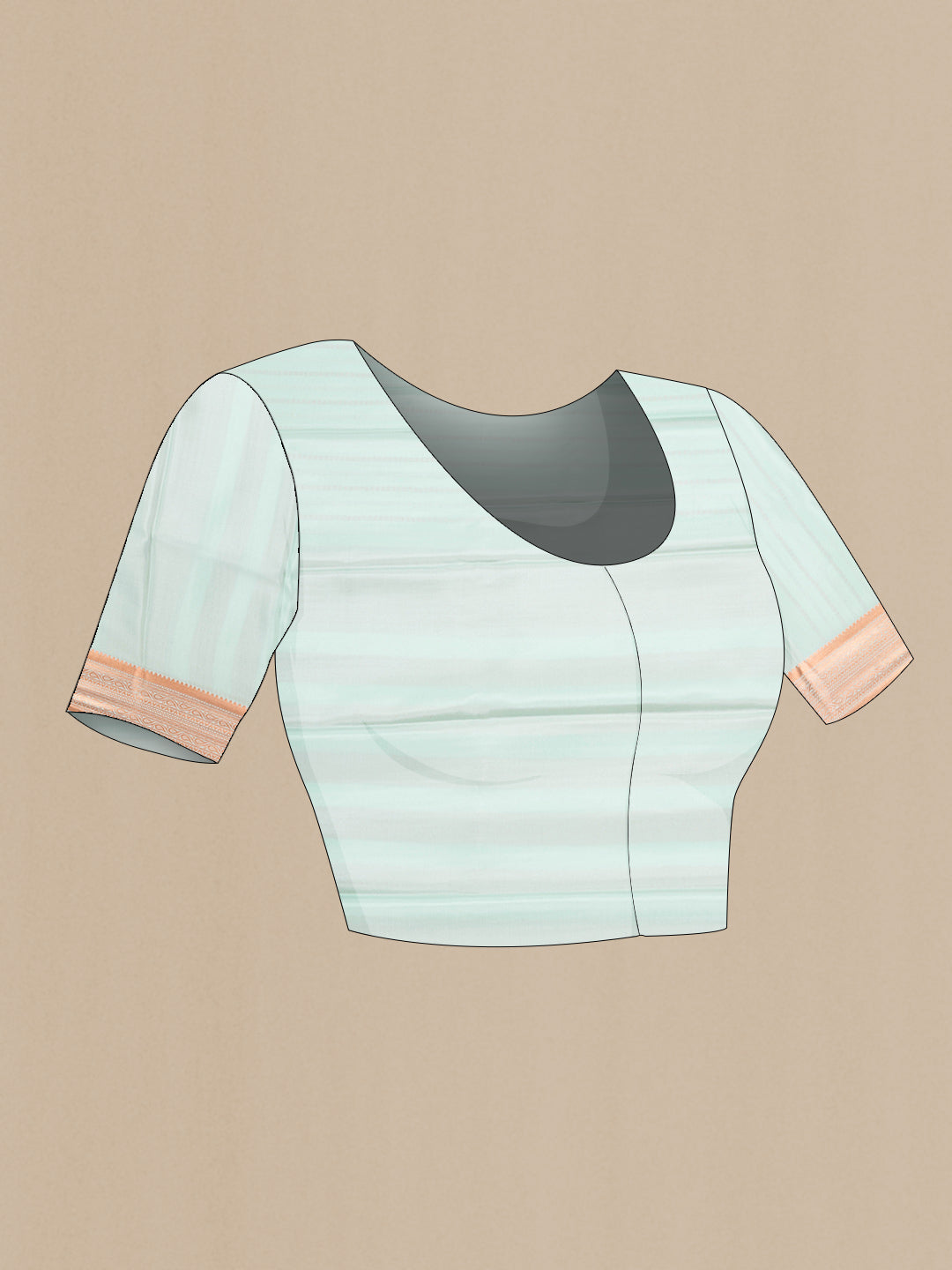 Close up image of the blouse of Sea Green Dual Tone Mysore Crepe Saree with Stripes on the body and Zari Border