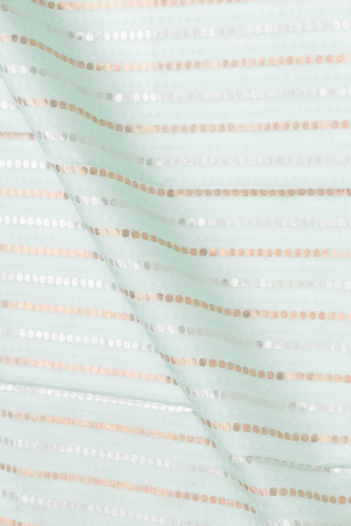 Close up of Sea Green Dual Tone Mysore Crepe Saree with Stripes on the body and Zari Border displaying folds