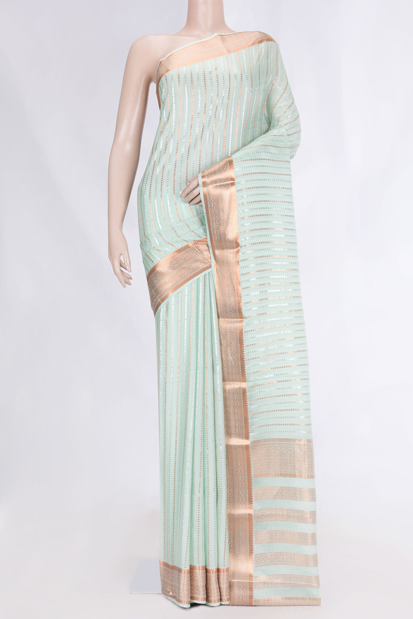 Sea Green Dual Tone Mysore Crepe Saree with Stripes on the body and Zari Border displayed on a mannequin